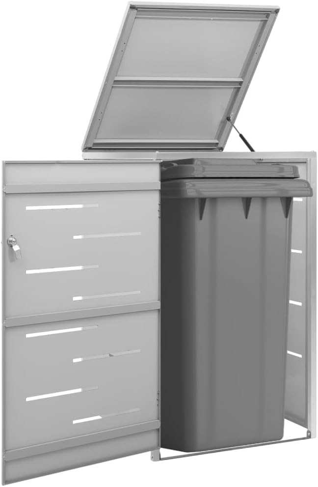 Single Wheelie Bin Shed, Stainless Steel Outdoor Trash Can Storage Garbage Bin Storage Shed, 27.2'x30.5'x44.3' Stainless Steel,-600