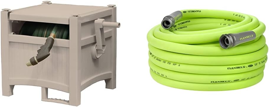 Suncast Resin Outdoor Hideaway 100 ft Durable Storage Reel with Crank Handle and Lid 100' Hose Capacity, Taupe & Flexzilla HFZG575YW-E Garden Lead-in Hose 5/8 in. x 75 ft