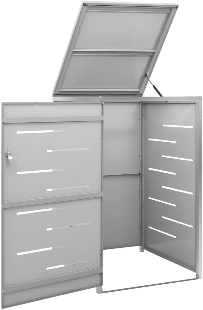 Single Wheelie Bin Shed, Stainless Steel Outdoor Trash Can Storage Garbage Bin Storage Shed, 27.2'x30.5'x44.3' Stainless Steel,-600