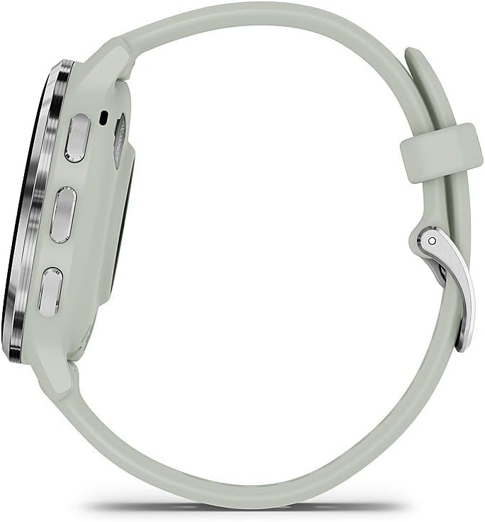 Garmin 010-02785-01 Venu 3S Health Fitness GPS Smartwatch Steel Bezel with Sage Gray Case (41mm) | Official USA Partner Model | Bundle with Towel, Deco Essentials Commuter Front, Rear Safety Light