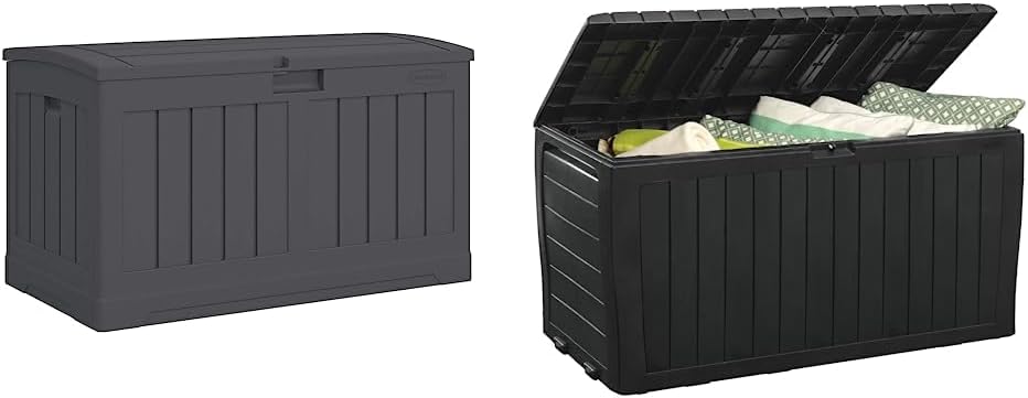 Suncast 50-Gallon Outdoor Resin Patio Deck Storage Box with Seat, Peppercorn & Keter Marvel Plus 71 Gallon Resin Deck Box-Organization and Storage for Patio Furniture Outdoor Cushions, Throw Pillows