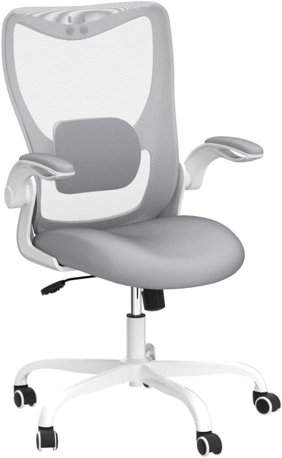 MUXX.STIL Office Chair, Ergonomic Desk Chair with Adjustable Lumbar Support and Flip up Armrest, Breathable Mesh Computer Chair for Home Office, Gray