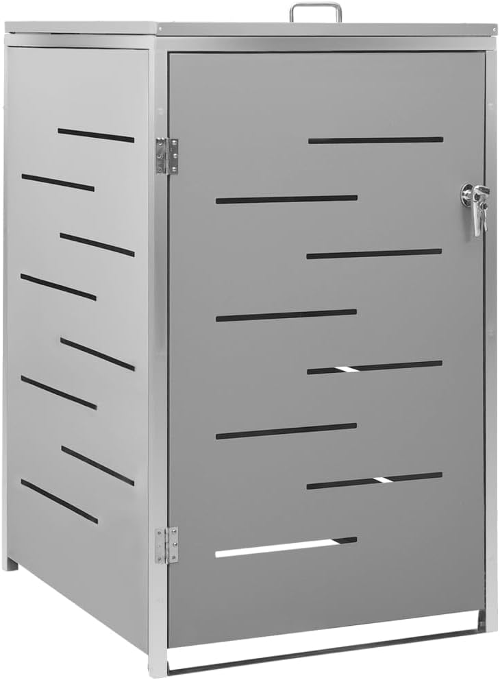 Single Wheelie Bin Shed, Stainless Steel Outdoor Trash Can Storage Garbage Bin Storage Shed, 27.2'x30.5'x44.3' Stainless Steel,-600