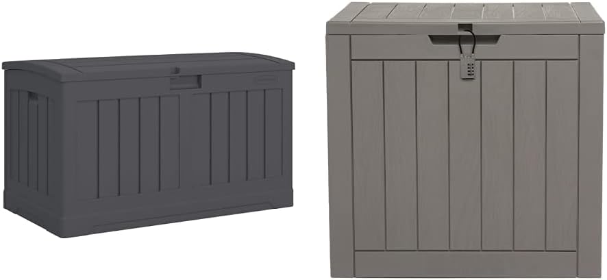 Suncast 50 Gallon Medium Capacity All Weather Construction Resin Outdoor Storage Deck Box with Arched Lid for Patio, Garden, or Pool, Peppercorn | EAST OAK Deck Box, 31 Gallon Indoor and Outdoor Storage Box