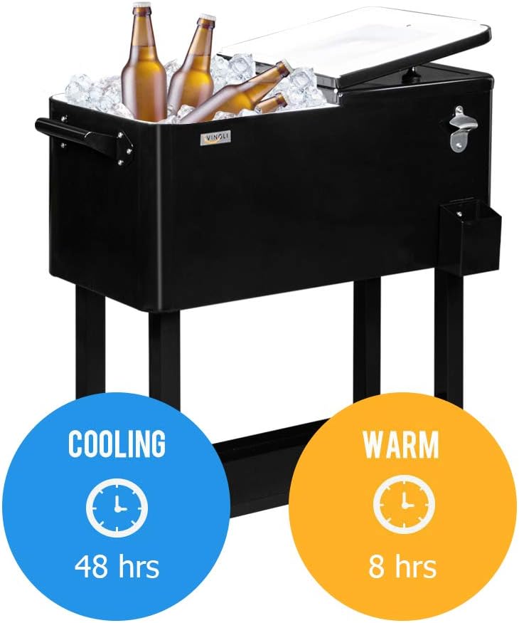 VINGLI Rolling Ice Chest, Portable Patio Party Bar Drink Cooler Cart, with Shelf, Beverage Pool with Bottle Opener