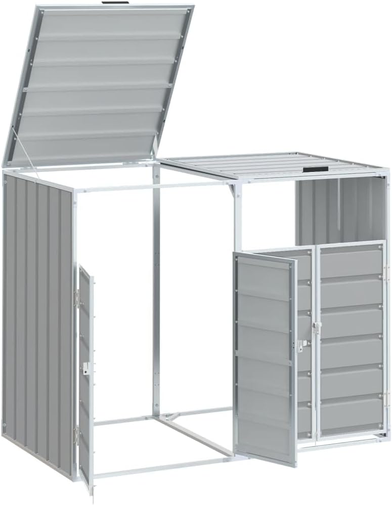 Steel Wheelie Bin Storage for Double Bins, Outdoor Storage Shed for Garbage Cans, Outdoor Trash Can Storage Shed, Gray 56.7'x31.9'x44.5' Steel,-632