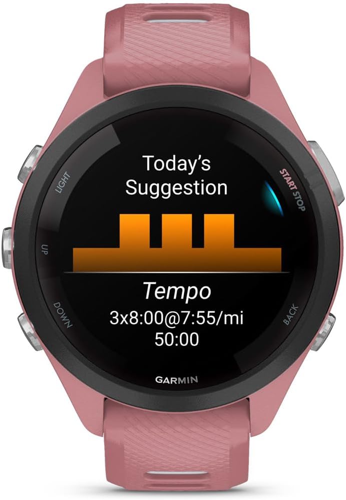 Garmin 010-02810-05 Forerunner 265S GPS Smartwatch, Light Pink/Whitestone | Official USA Partner Model | Bundle with Sport Towel + Deco Essentials Wearable Commuter Front & Rear Safety Light