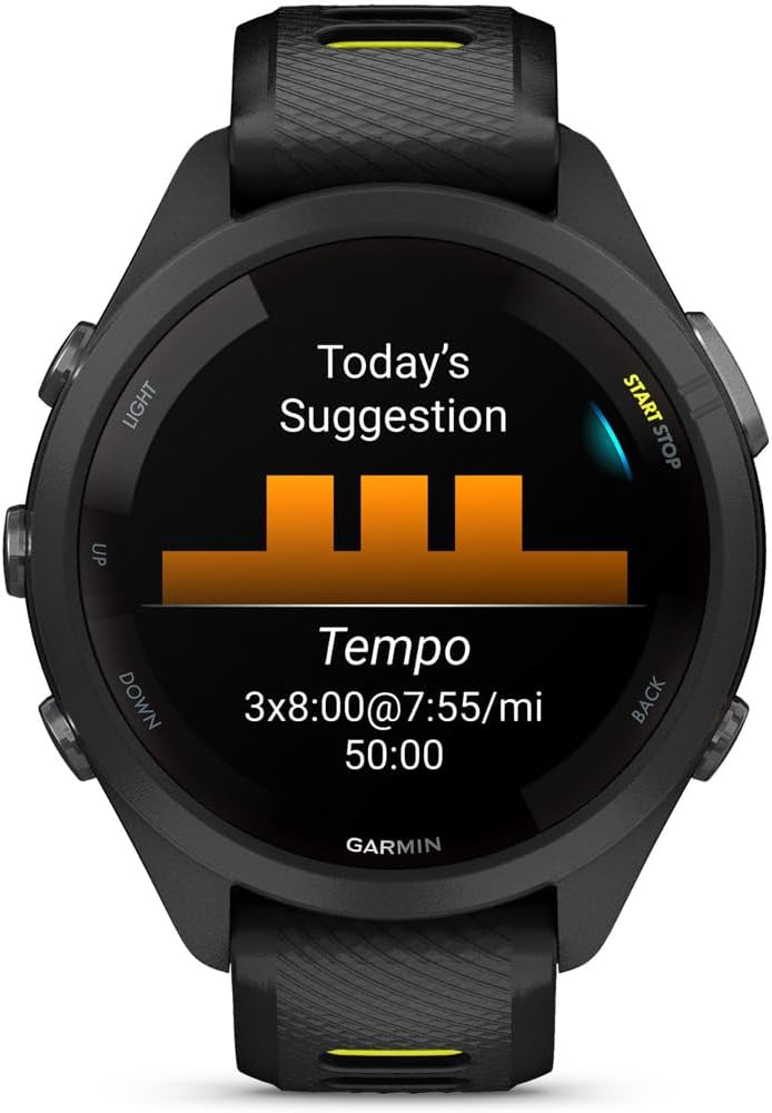 Garmin 010-02810-03 Forerunner 265S GPS Smartwatch, Black/Amp Yellow Bundle with Workout Cooling Sport Towel + Deco Essentials Wearable Commuter Front & Rear Safety Light