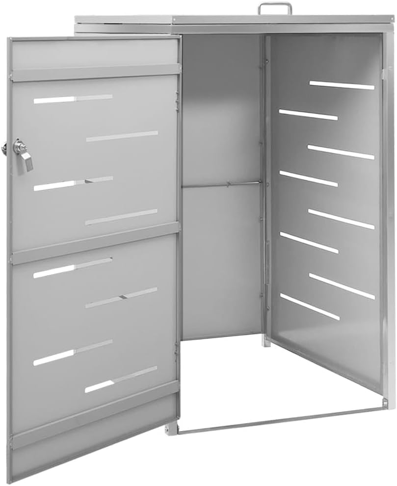 Single Wheelie Bin Shed, Stainless Steel Outdoor Trash Can Storage Garbage Bin Storage Shed, 27.2'x30.5'x44.3' Stainless Steel,-600