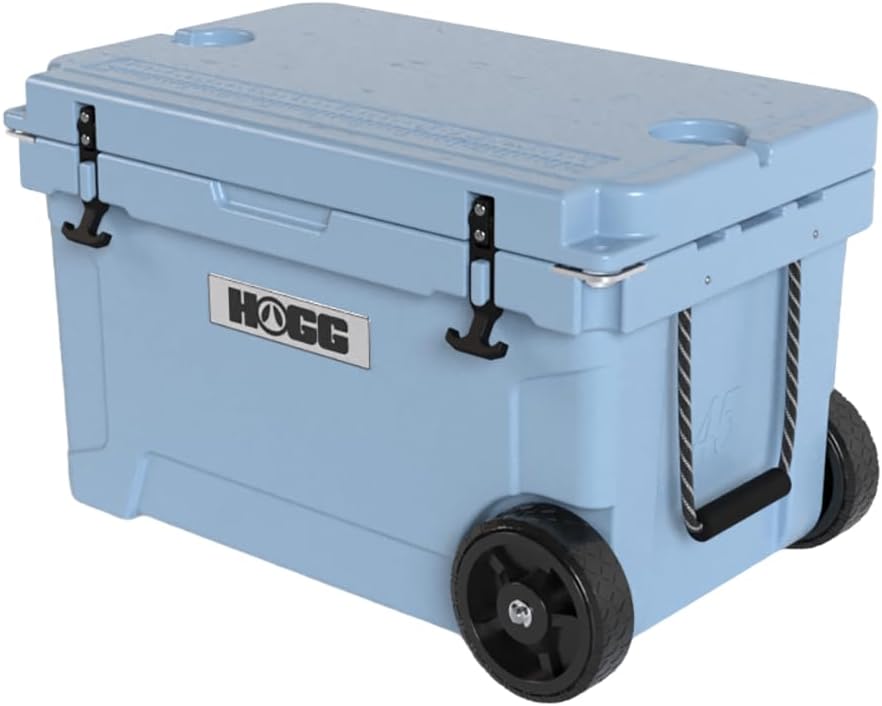 Ice Cooler with Wheels and Handle, Wheeled Cooler, Insulated Ice Chest with Wheels and Handle for Fishing and Camping with Dry Storage, Bottle Openers, and Cupholders