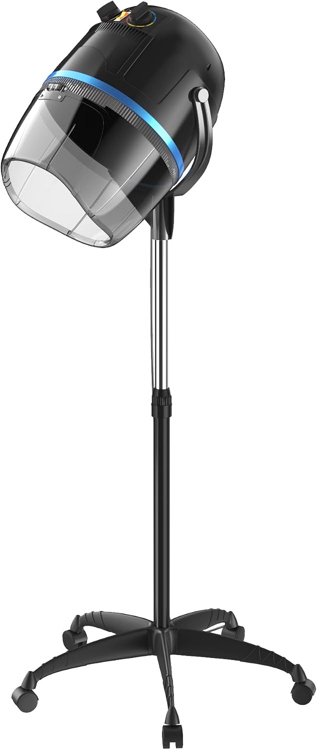 Professional Height Adjustable Hair Dryer Hooded, Floor Standing Bonnet Hair Dryer, Stand Up Rolling Base w/Wheels for Beauty Salon Equipment Home Spa, Black