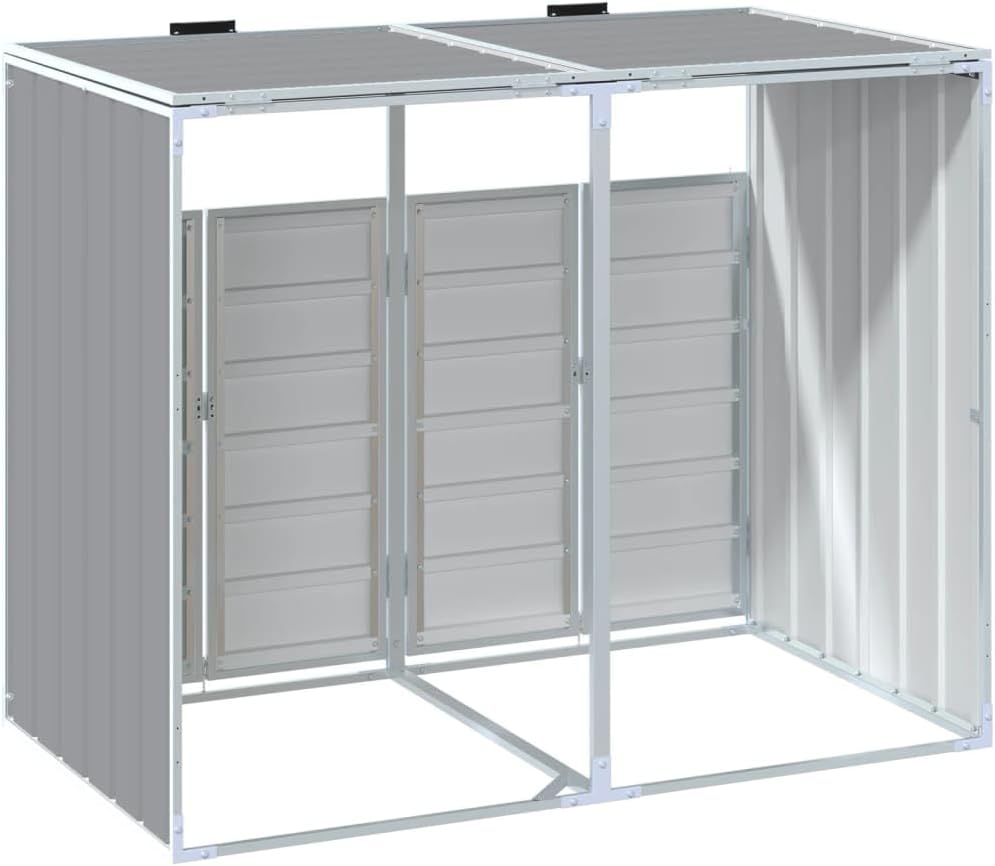 Steel Wheelie Bin Storage for Double Bins, Outdoor Storage Shed for Garbage Cans, Outdoor Trash Can Storage Shed, Gray 56.7'x31.9'x44.5' Steel,-632