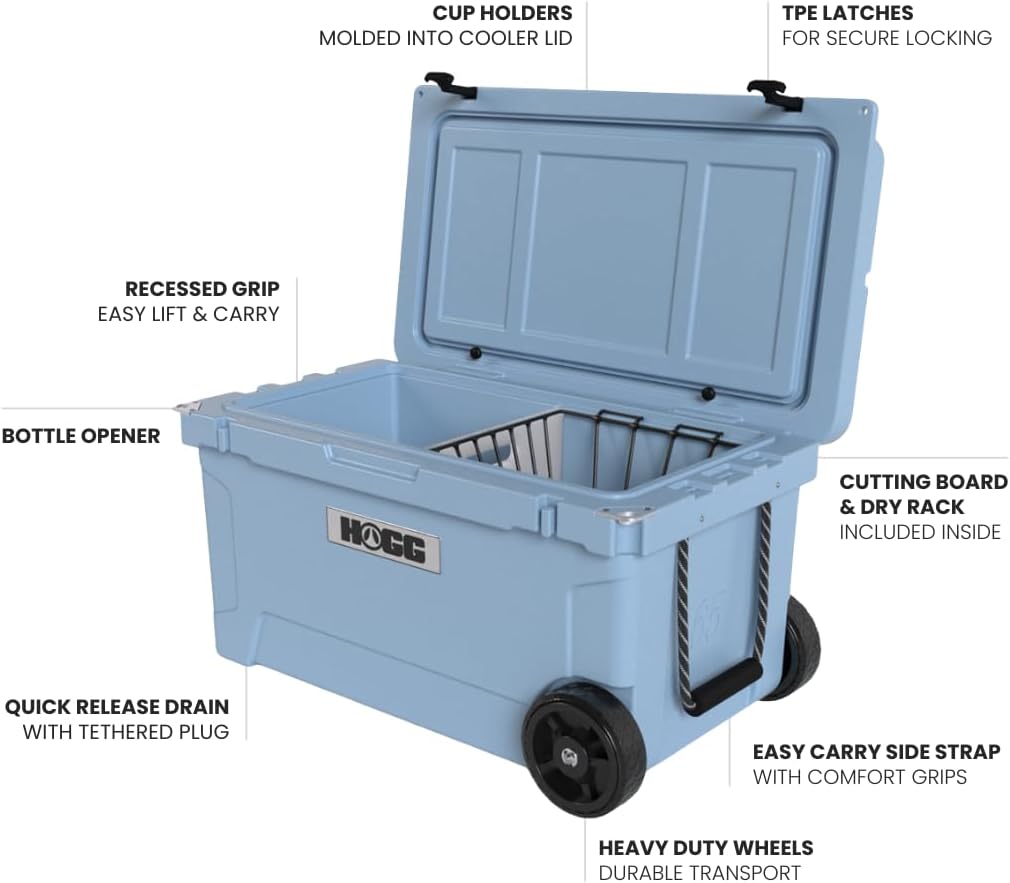 Ice Cooler with Wheels and Handle, Wheeled Cooler, Insulated Ice Chest with Wheels and Handle for Fishing and Camping with Dry Storage, Bottle Openers, and Cupholders