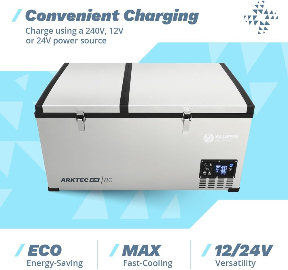 Bluefin Active Arktec Duo 80L | Portable Travel Fridge | Advanced Cooling & Freezing Technology | Energy Efficient Charging | Dual Storage Compartments | Smartphone App Control | LCD Display | AC & DC
