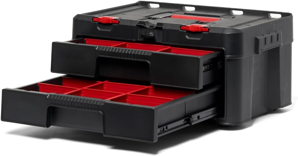 Stack N' Roll 4-Piece Rolling Tool Storage System – Includes Large Rolling Tool Box, 2-Drawer Tool Box & 2 Tray Organizers | Modular Stackable Tool Storage with Wheels for Garage & Workshop