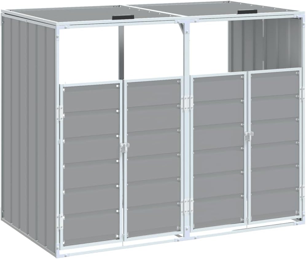 Steel Wheelie Bin Storage for Double Bins, Outdoor Storage Shed for Garbage Cans, Outdoor Trash Can Storage Shed, Gray 56.7'x31.9'x44.5' Steel,-632