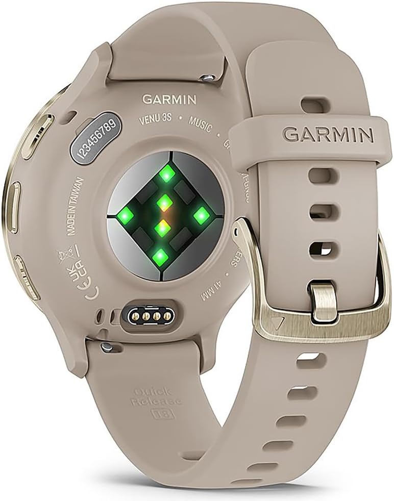 Garmin 010-02785-02 Venu 3S Health Fitness GPS Smartwatch Gold Steel Bezel with French Gray Case 41mm Bundle with Deco Essentials Charging Dock, Dust Cover 3 Pack and 2-Pack Screen Protector