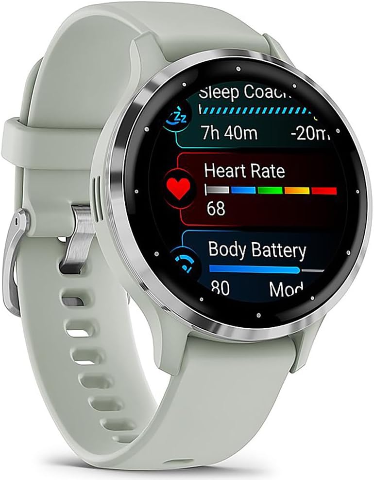 Garmin 010-02785-01 Venu 3S Health Fitness GPS Smartwatch Steel Bezel with Sage Gray Case 41mm Bundle with Deco Essentials Charging Dock, Dust Cover 3 Pack and 2-Pack Screen Protector