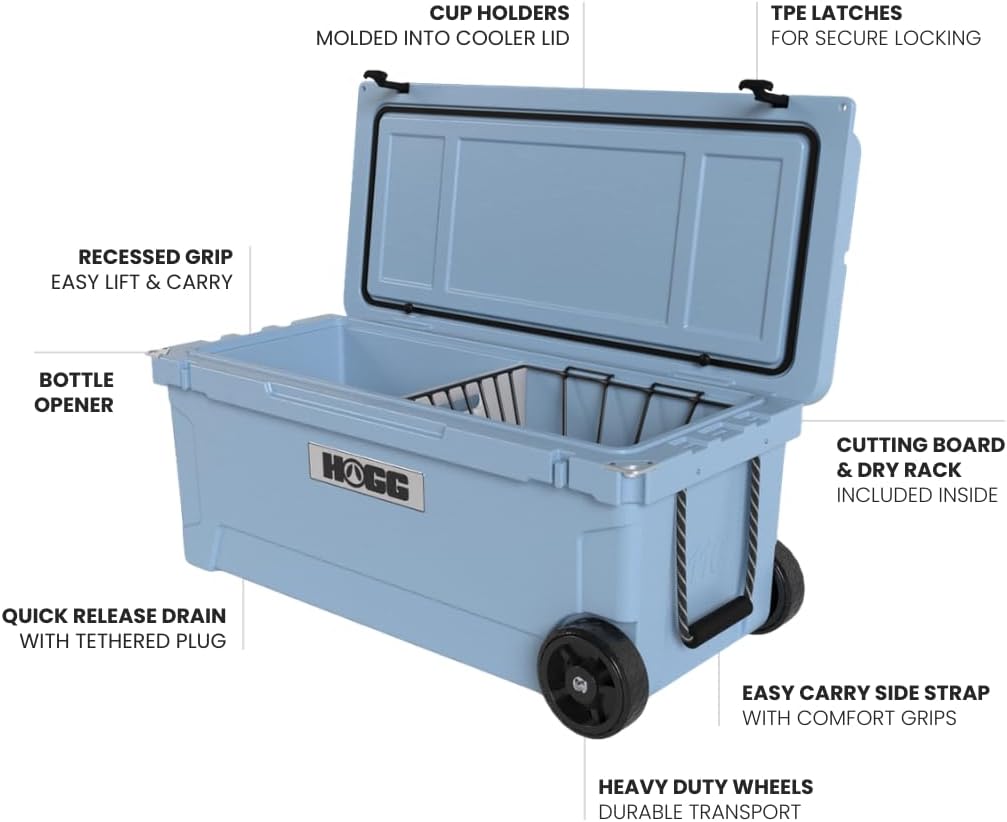 Ice Cooler with Wheels and Handle, Wheeled Cooler, Insulated Ice Chest with Wheels and Handle for Fishing and Camping with Dry Storage, Bottle Openers, and Cupholders