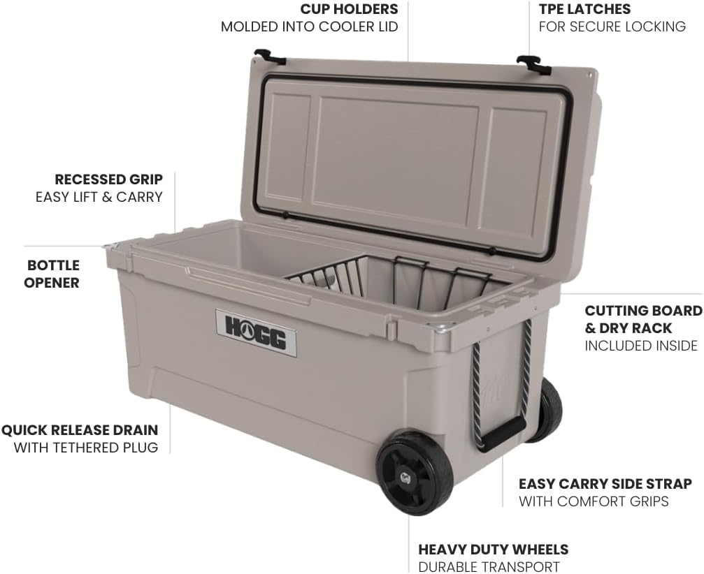 Ice Cooler with Wheels and Handle, Wheeled Cooler, Insulated Ice Chest with Wheels and Handle for Fishing and Camping with Dry Storage, Bottle Openers, and Cupholders