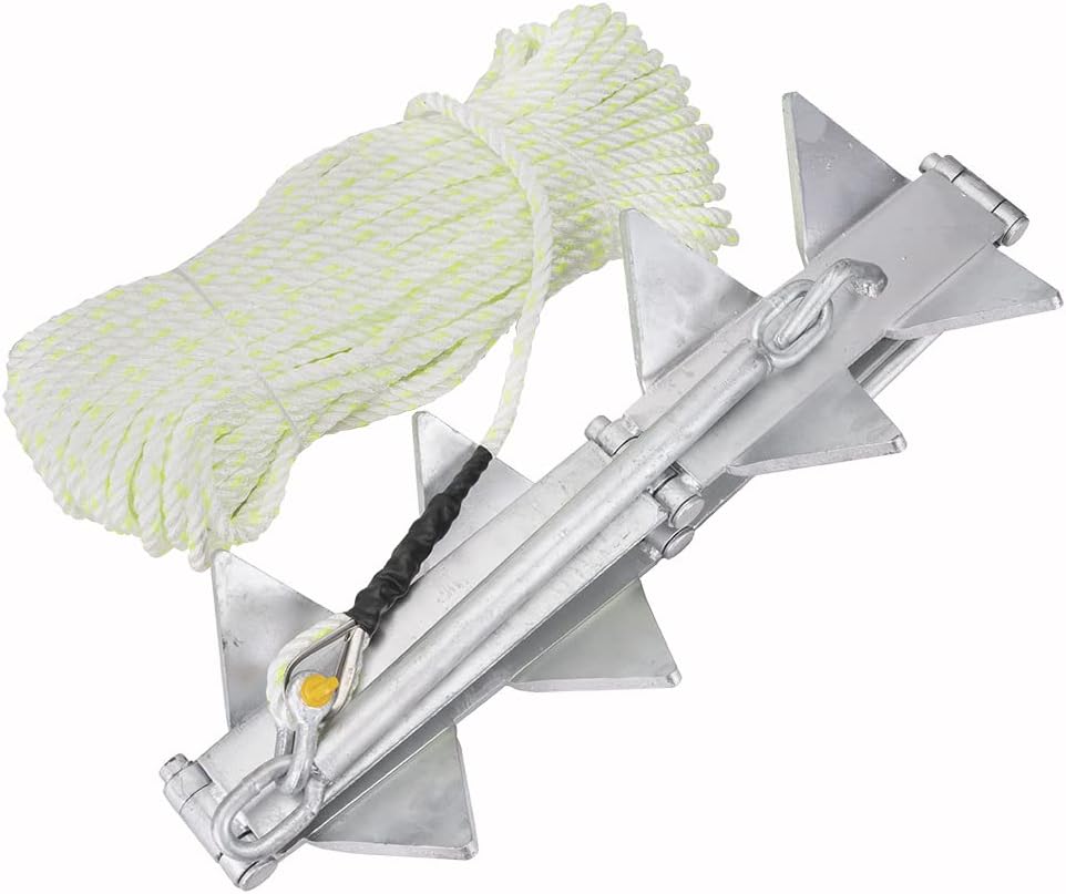 MARINE SYSTEM Galvanized Boat Folding Square Anchor Kit with 3/8 inch x 150 FT Rope and Shackle 13lb, 19lb, or 25 lb