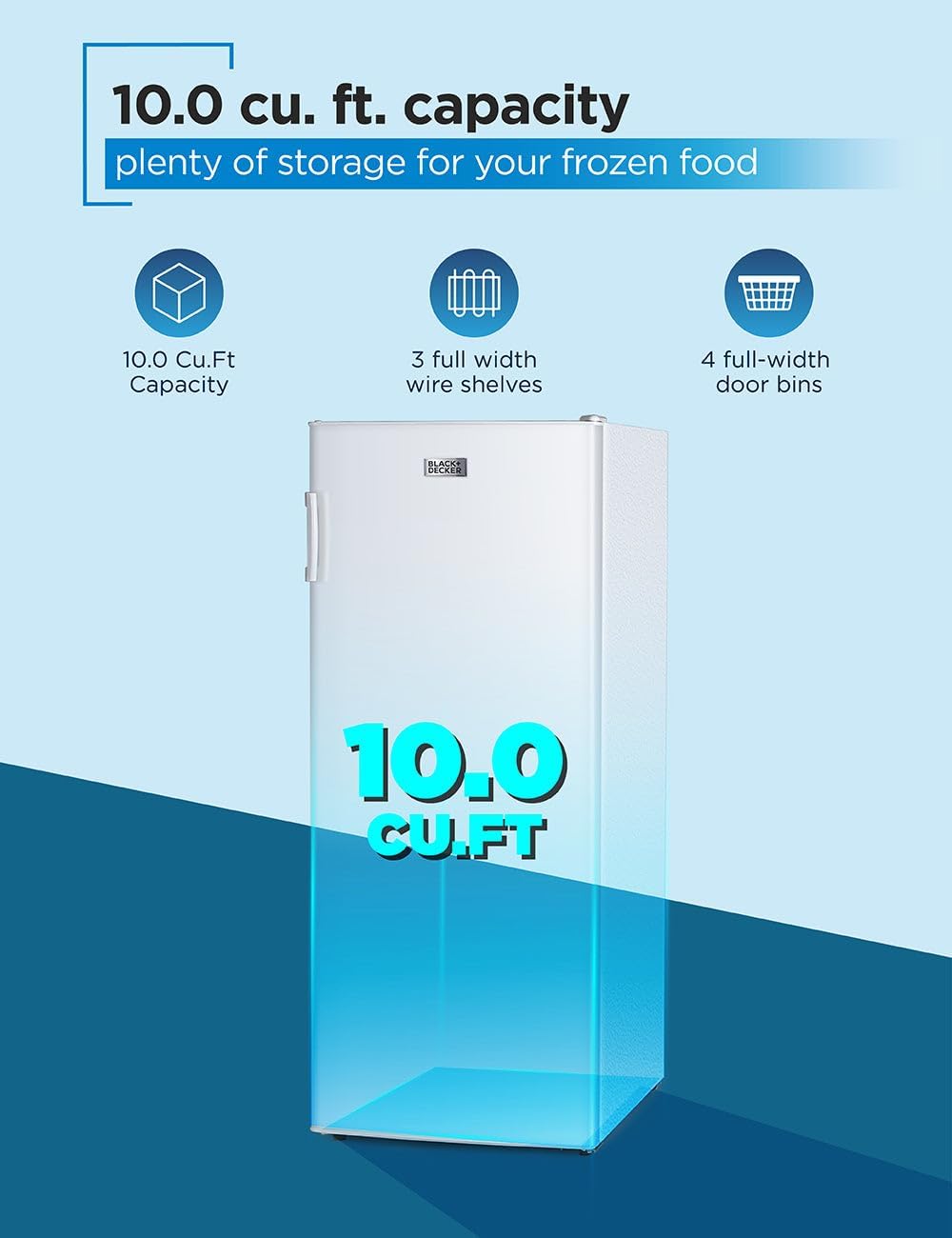 BLACK+DECKER 10 Cu. Ft. Upright Freezer, Stand Up Freezer with Mechanical Temperature Control, Freezer Upright with 3 Shelves and 4 Door Bins, Manual Defrost, R600a Refrigerant, BUF1000LW, White