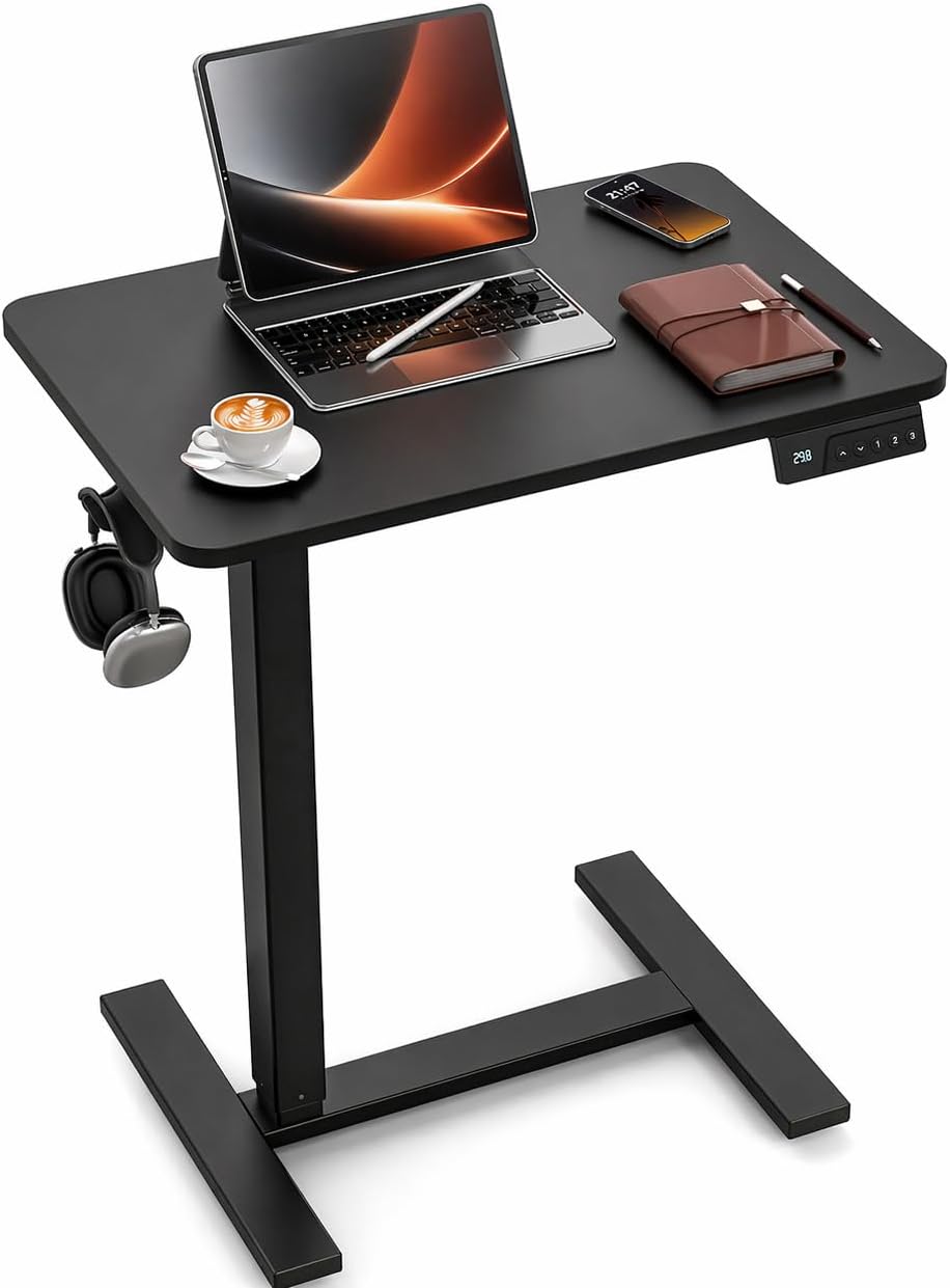 FiCiHi Electric Standing Desk with Wheels – Adjustable Height Mobile Sit-Stand Laptop Table, Portable Rolling Small Computer Workstation for Home Office & Bedside Use (24'x16', Black)
