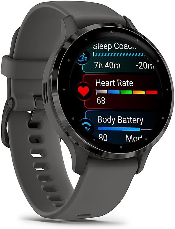 Garmin 010-02785-00 Venu 3S Health Fitness GPS Smartwatch Steel Bezel with Pebble Gray Case (41mm) | Official USA Partner Model | Bundle with Towel, Deco Essentials Commuter Front, Rear Safety Light