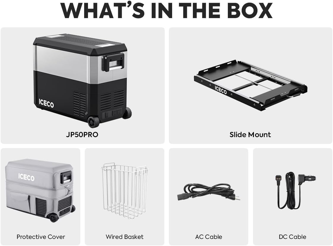 ICECO JP50Pro 12Volt Refrigerator, Portable Freezer with Multi-Directional Lid, 51.7Qt/47L Compact Freezer Powered by SECOP Compressor, -4℉～68℉AC DC USB, Electric Cooler for Outdoor| With Slide Mount