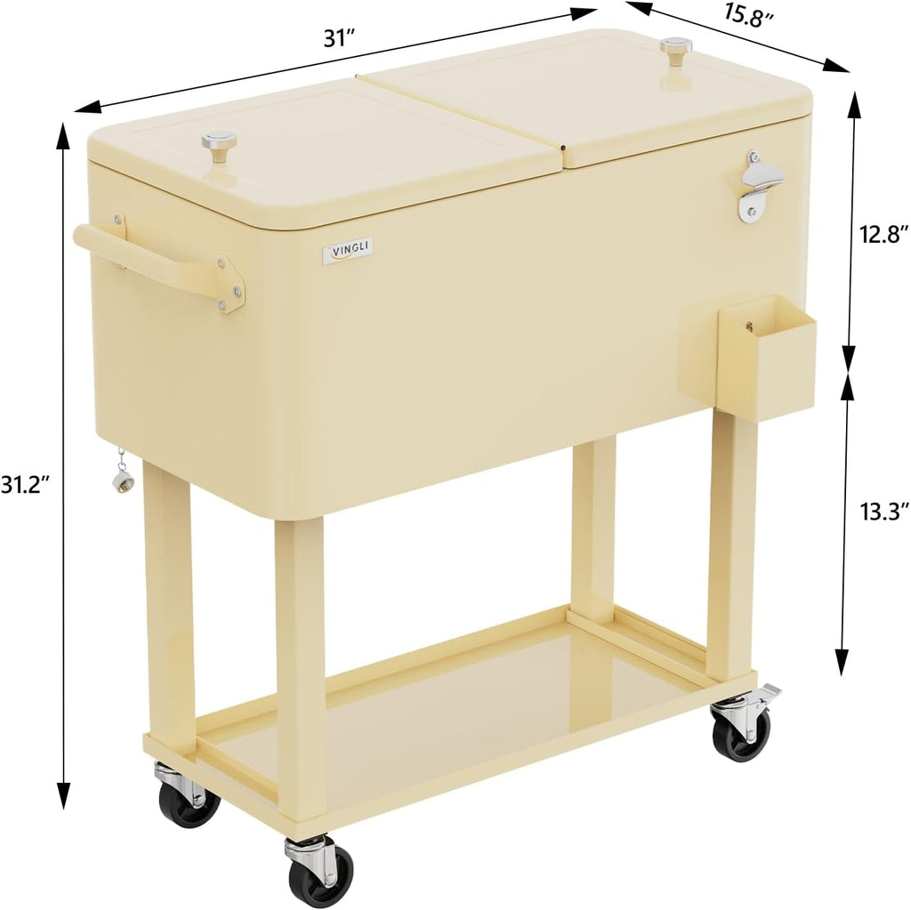 VINGLI Rolling Ice Chest, Portable Patio Party Bar Drink Cooler Cart, with Shelf, Beverage Pool with Bottle Opener