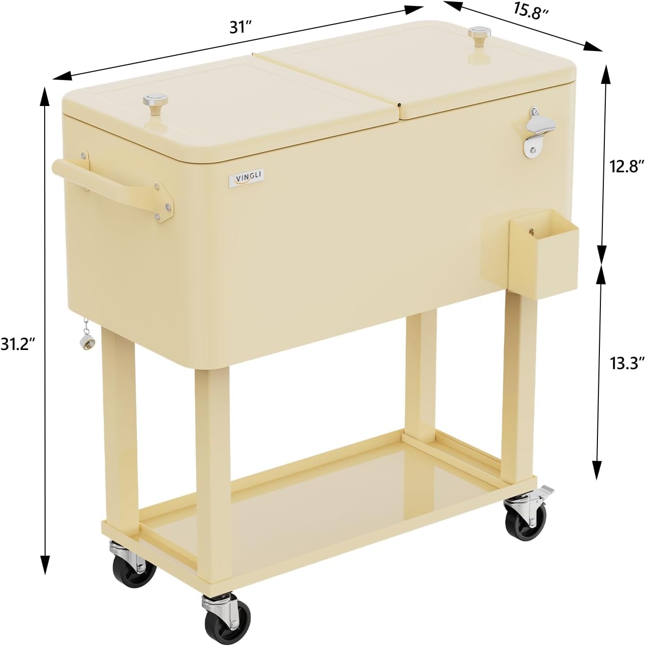 VINGLI Rolling Ice Chest, Portable Patio Party Bar Drink Cooler Cart, with Shelf, Beverage Pool with Bottle Opener