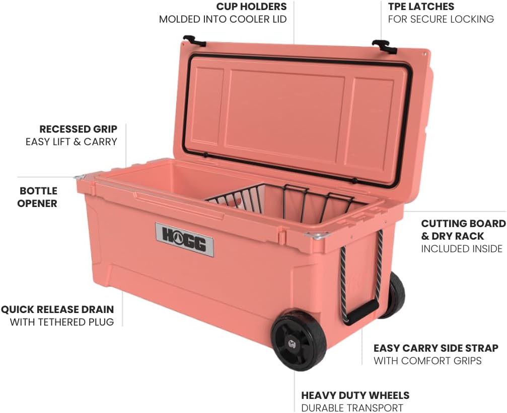 Ice Cooler with Wheels and Handle, Wheeled Cooler, Insulated Ice Chest with Wheels and Handle for Fishing and Camping with Dry Storage, Bottle Openers, and Cupholders