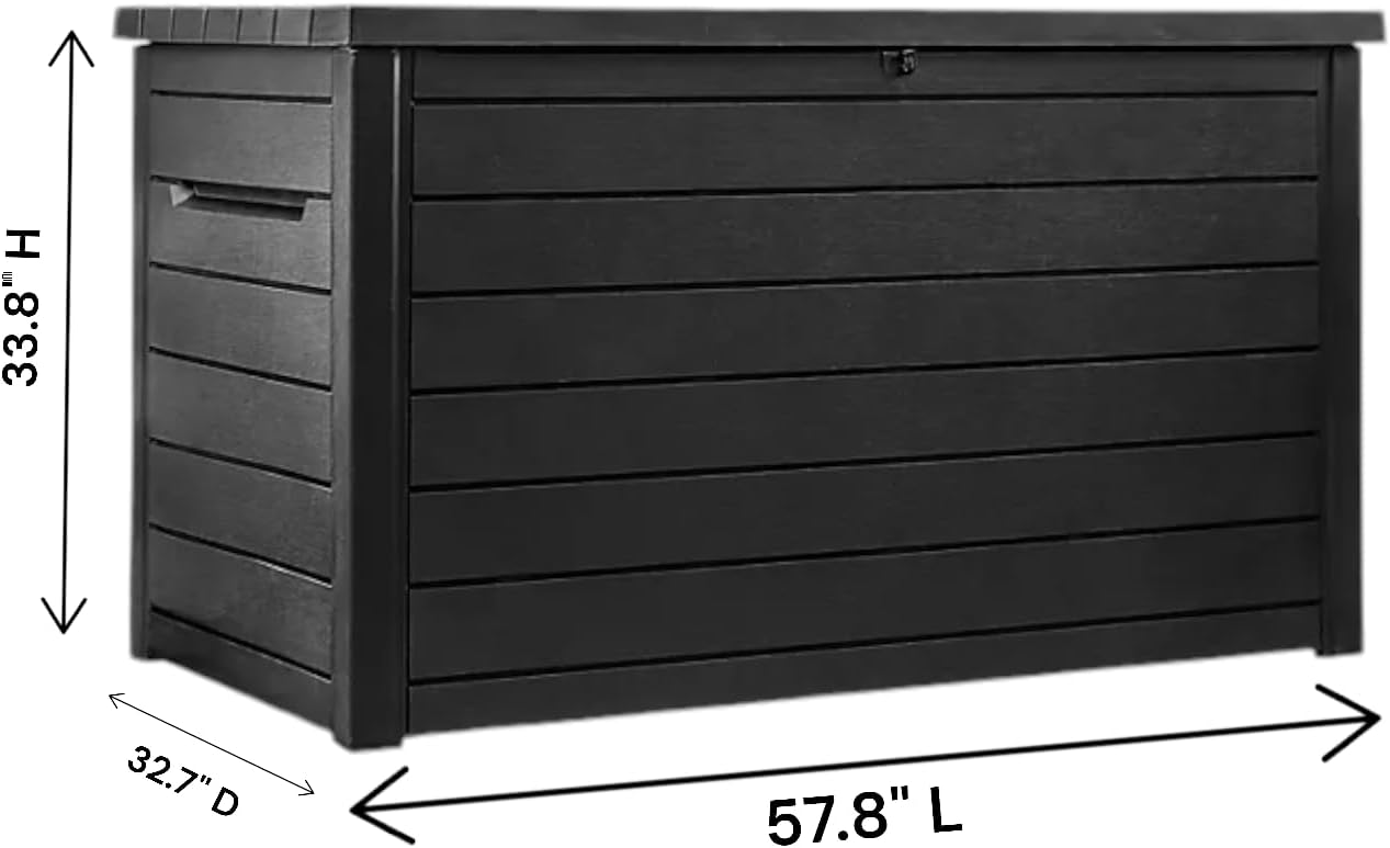 Stylish Indoor/Outdoor Storage Deck Box,Resin,Large Capacity, Weather-Resistant, Lockable lid and Side handles. (Black, 230 Gallon)