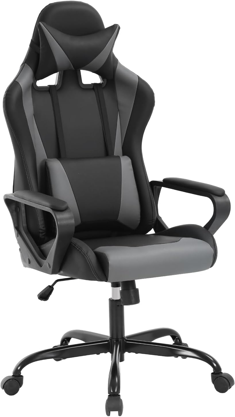 Dopinmin PU Leather Ergonomic Gaming Chair Esports Computer Chair Boss Chair with Lumbar Cushion and Retractable Footrest Video Game Chair for Streaming,Grey
