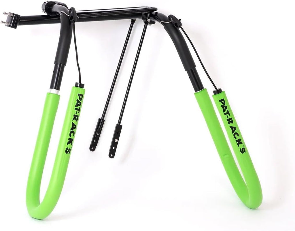 PAT RACKS Premium Longboard Bike Rack – Dual Arm Bicycle Carrier, 12mm Foam, Adjustable Seat Post Attachment, Easy Fast Install, Longboards, SUP Paddle Boards, Shortboards, Bodyboards, Boogie Boards