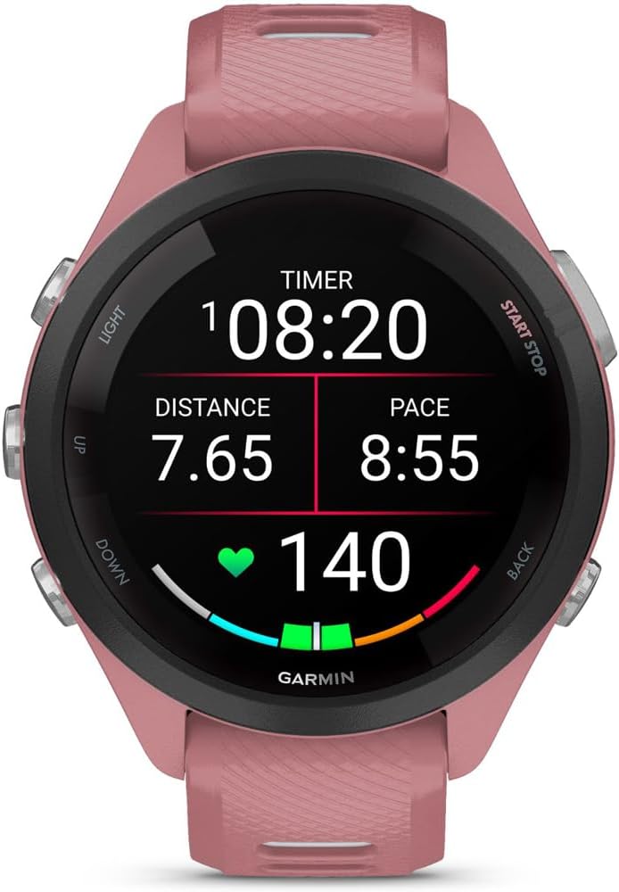Garmin 010-02810-05 Forerunner 265S GPS Smartwatch, Light Pink/Whitestone | Official USA Partner Model | Bundle with Sport Towel + Deco Essentials Wearable Commuter Front & Rear Safety Light