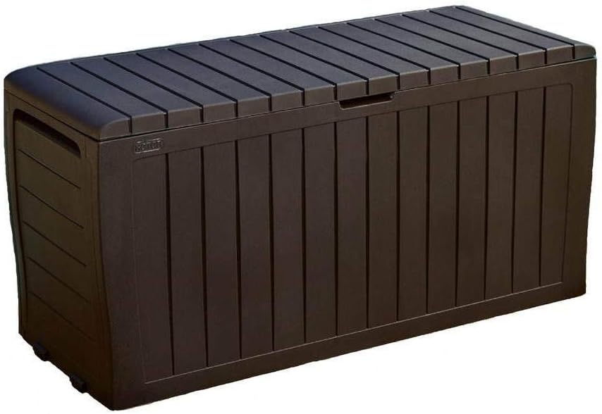 Suncast 22 Gallon Small Resin Storage Seat, Java, SSW600J & Keter Marvel Plus 71 Gallon Resin Outdoor Box for Patio Furniture Cushion Storage, Brown