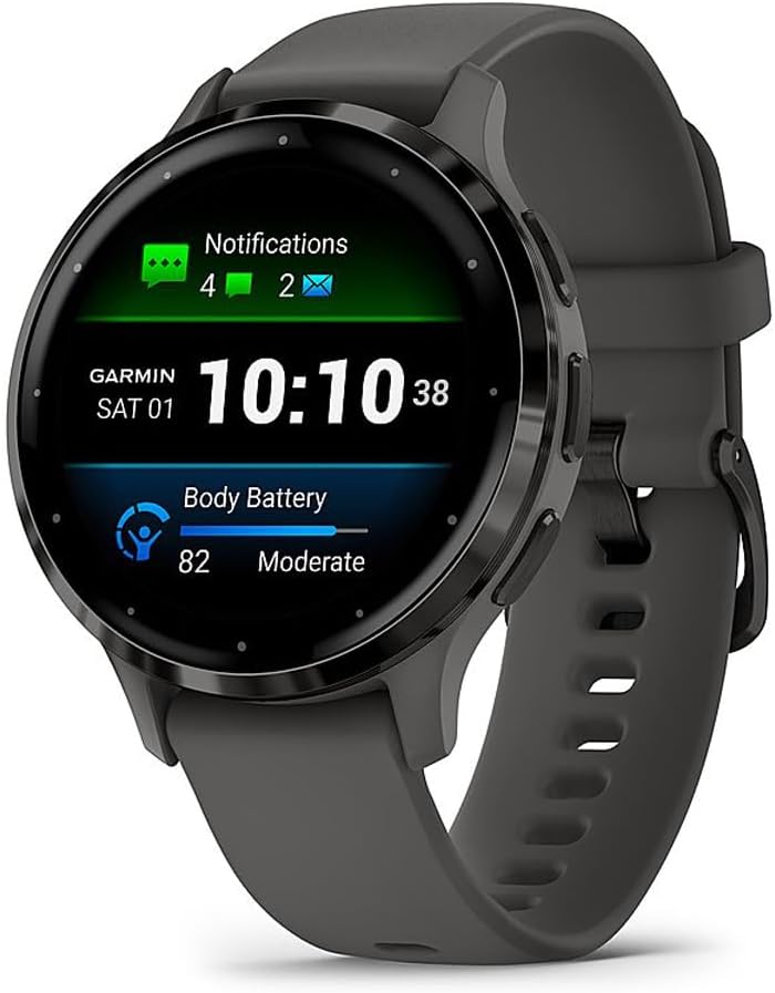 Garmin 010-02785-00 Venu 3S Health Fitness GPS Smartwatch Steel Bezel with Pebble Gray Case (41mm) | Official USA Partner Model | Bundle with Towel, Deco Essentials Commuter Front, Rear Safety Light
