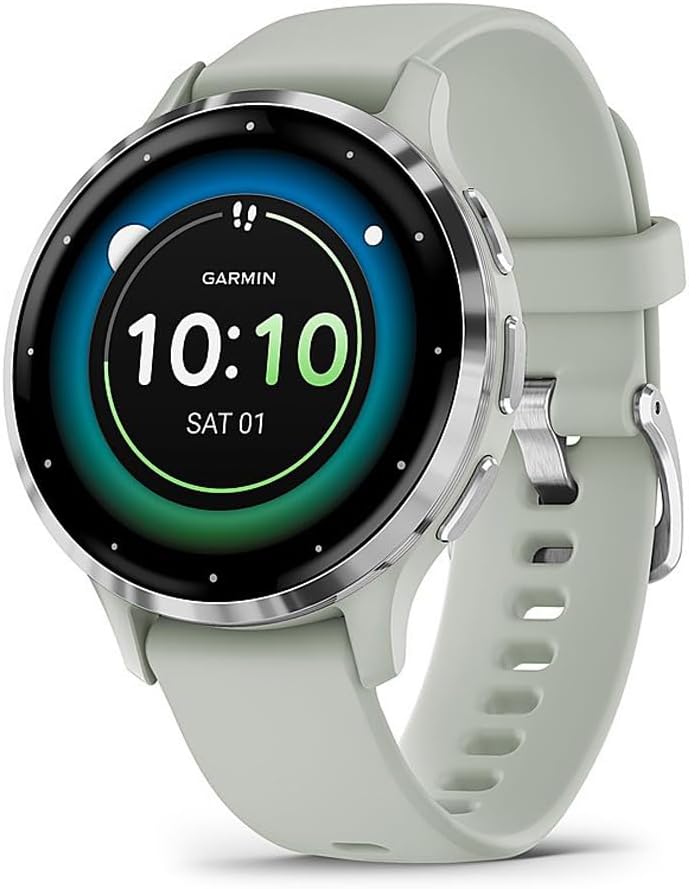 Garmin 010-02785-01 Venu 3S Health Fitness GPS Smartwatch Steel Bezel with Sage Gray Case (41mm) | Official USA Partner Model | Bundle with Towel, Deco Essentials Commuter Front, Rear Safety Light