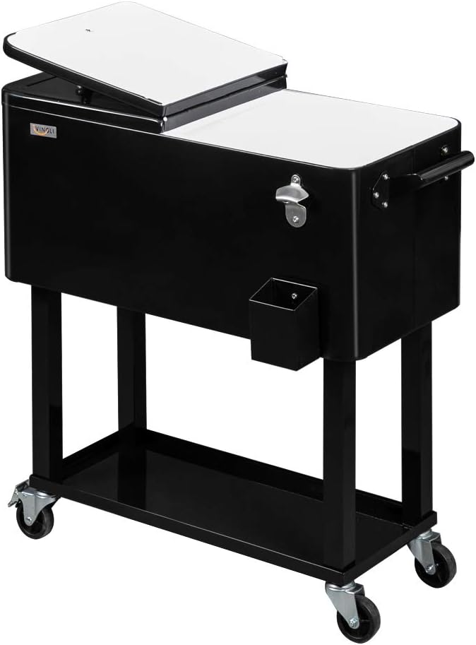VINGLI Rolling Ice Chest, Portable Patio Party Bar Drink Cooler Cart, with Shelf, Beverage Pool with Bottle Opener