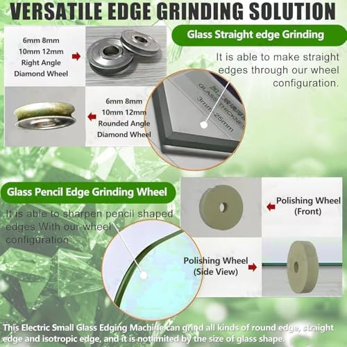 Glass Edging Machine, 800W Electric Portable Glass Edger for Straight & Round Bevel Edge with 8 Diamond Wheels & 2 Polishing Wheels