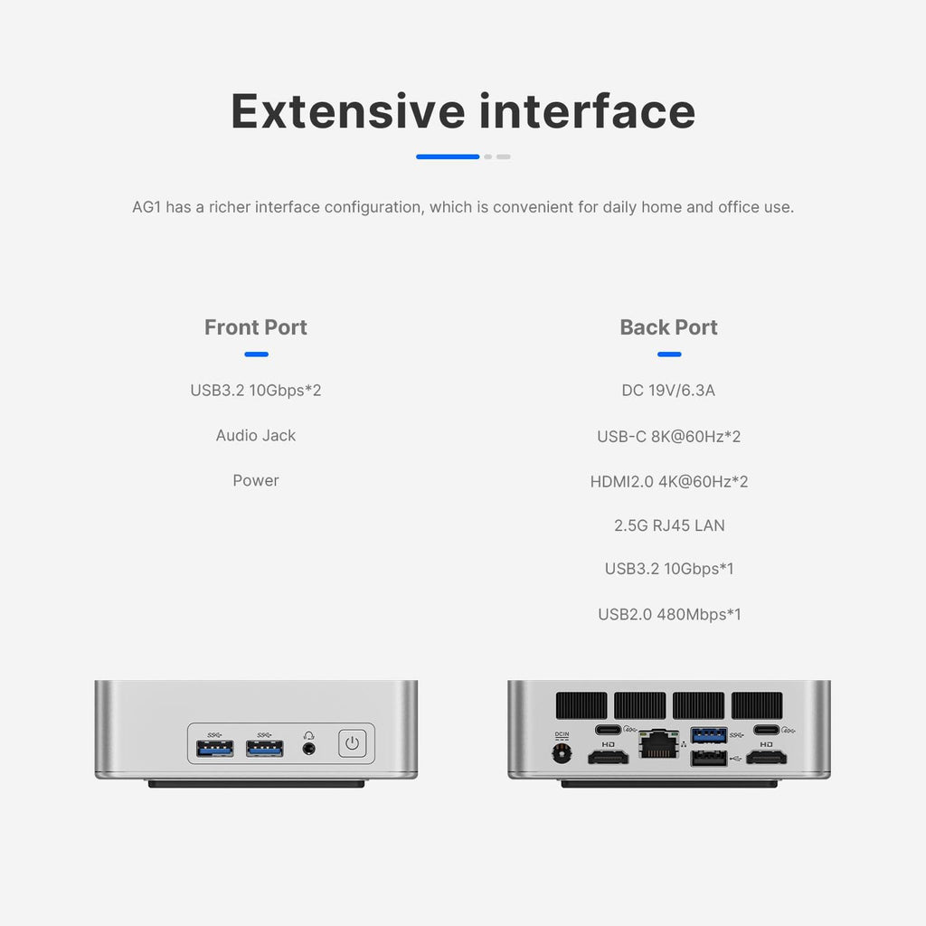AG1 Mini PC with i5-12600H(up to 4.5GHZ), 32GB DDR4, 1TB SSD, Quad Display 8K 60Hz, 2xThunderbolt4, 2.5 G LAN，2xHDMI, Wi-Fi 6, BT 5.2