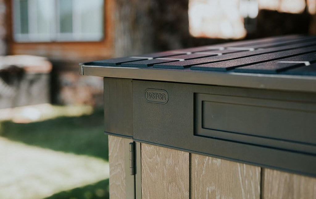 Keter Signature Horizontal Garden Shed Weatherproof 2020L Storage Lockable with Gas Struts Walnut Look 75' x 43' x 52'