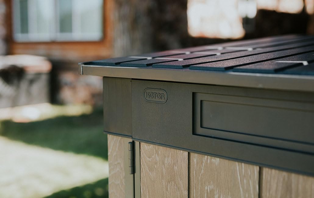 Keter Signature Horizontal Garden Shed Weatherproof 2020L Storage Lockable with Gas Struts Walnut Look 75' x 43' x 52'