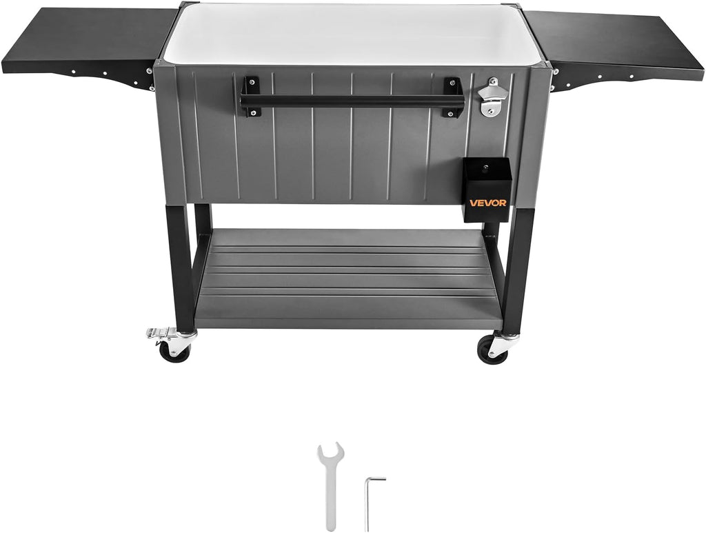 VEVOR 80QT Rolling Ice Chest, Holds up to 50 Bottles / 110 Cans, Portable Patio Party Bar Drink Cooler Cart with Bottom Shelf & Foldable Side Shelves, Beverage Pool with Swivel Wheels & Bottle Opener