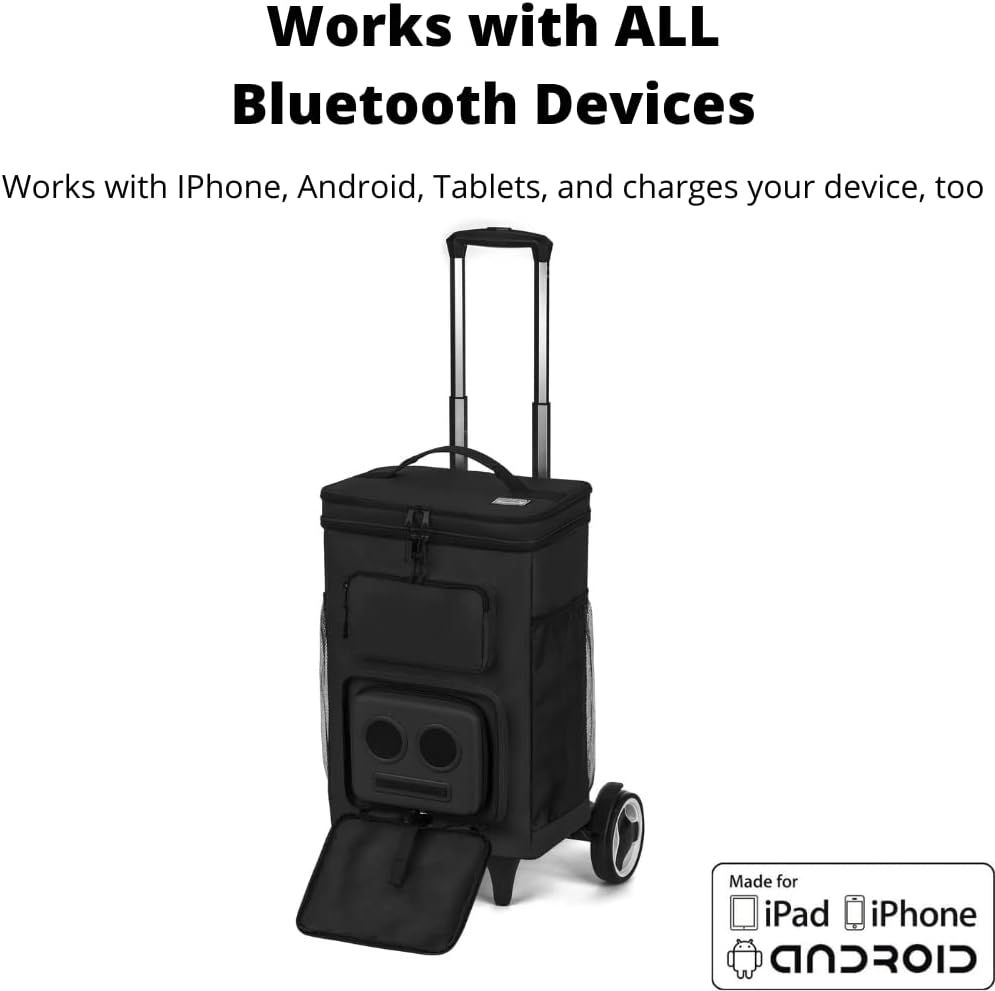 The #1 Rolling Cooler with Speakers on Amazon. 20-Watt Bluetooth Speakers for Parties/Festivals/Boat/Beach/Camping. Rechargeable, Works with iPhone & Android (Black, Latest Premium Edition)