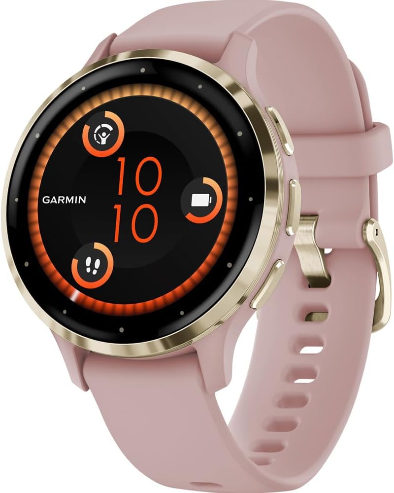 Garmin 010-02785-03 Venu 3S Health Fitness GPS Smartwatch Gold Steel Bezel with Dust Rose Case 41mm Bundle with Deco Essentials Charging Dock, Dust Cover 3 Pack and 2-Pack Screen Protector