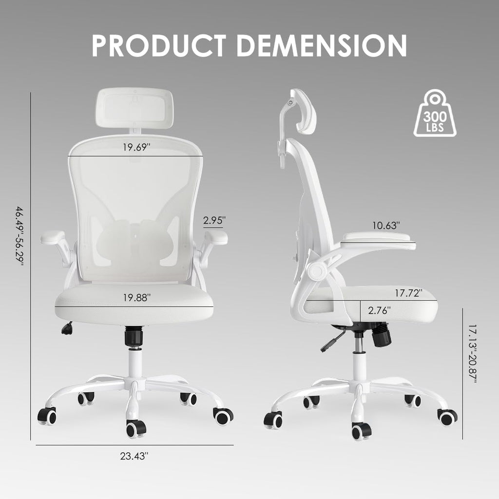Farini Ergonomic Office Chair, Home Office Desk Chair with Headrest, High Back Swivel Computer Chair with Armrests and Adjustable Lumbar Support for Home Office Study Room, White & White