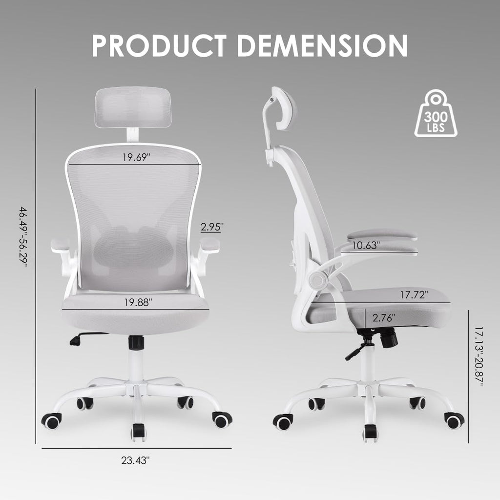Farini Ergonomic Office Chair, Home Office Desk Chair with Headrest, High Back Swivel Computer Chair with Armrests and Adjustable Lumbar Support for Home Office Study Room, White & Gray