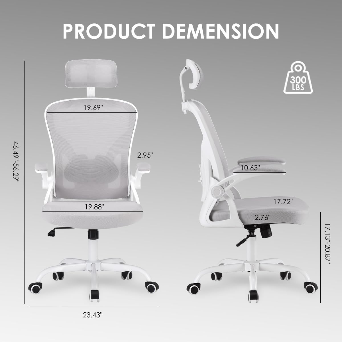 Farini Ergonomic Office Chair, Home Office Desk Chair with Headrest, High Back Swivel Computer Chair with Armrests and Adjustable Lumbar Support for Home Office Study Room, White & Gray